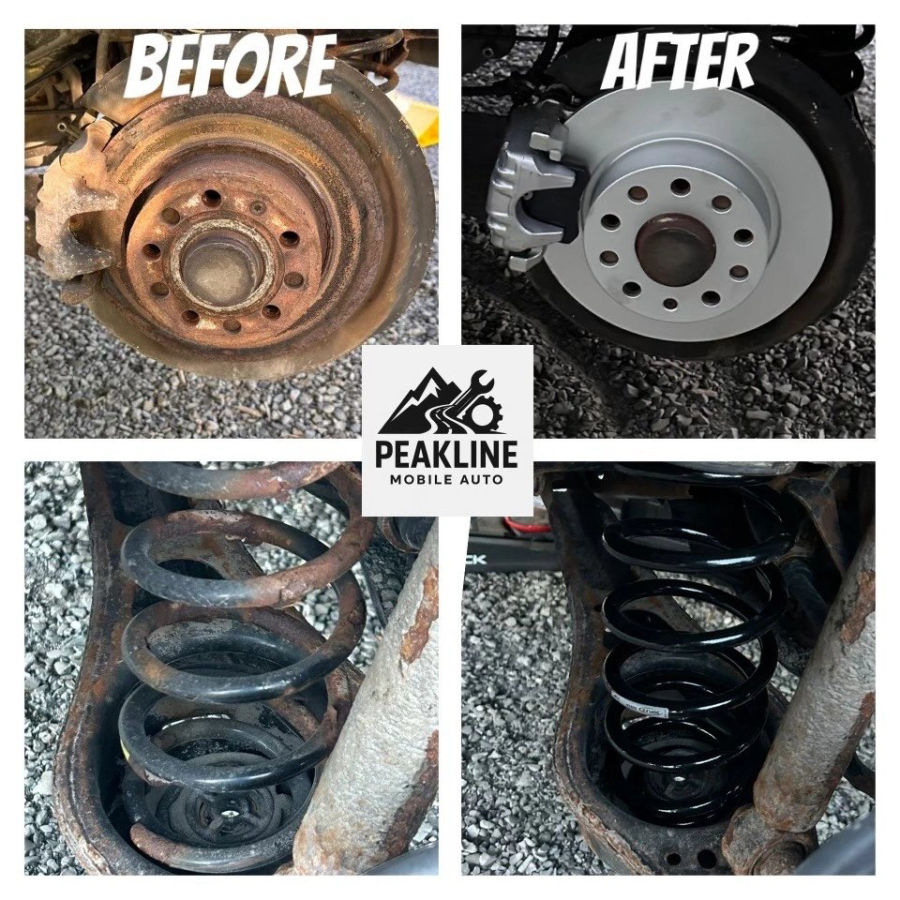 Before and after: a rusted seized brake rotor next to a freshly fitted rotor and caliper, and rusted coil springs next to new ones