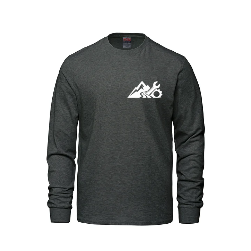 Long sleeve crewneck in charcoal, Peakline design on the front
