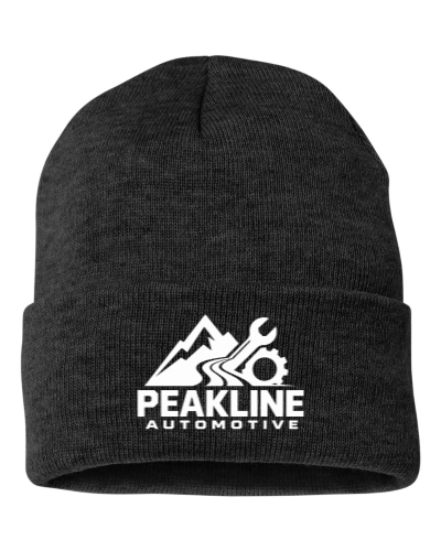 Fleece-lined cuffed beanie in black, Peakline design on the front