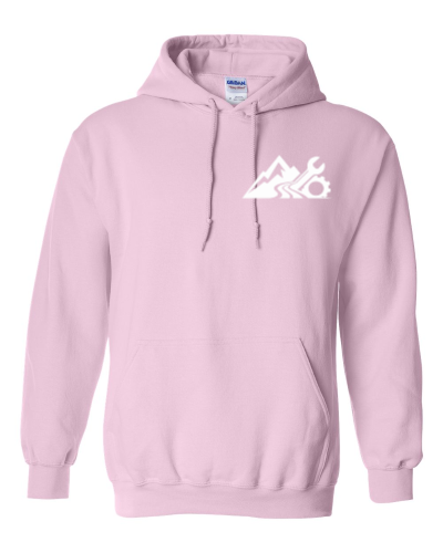 Heavy Blend hoodie in light pink, Peakline design on the front